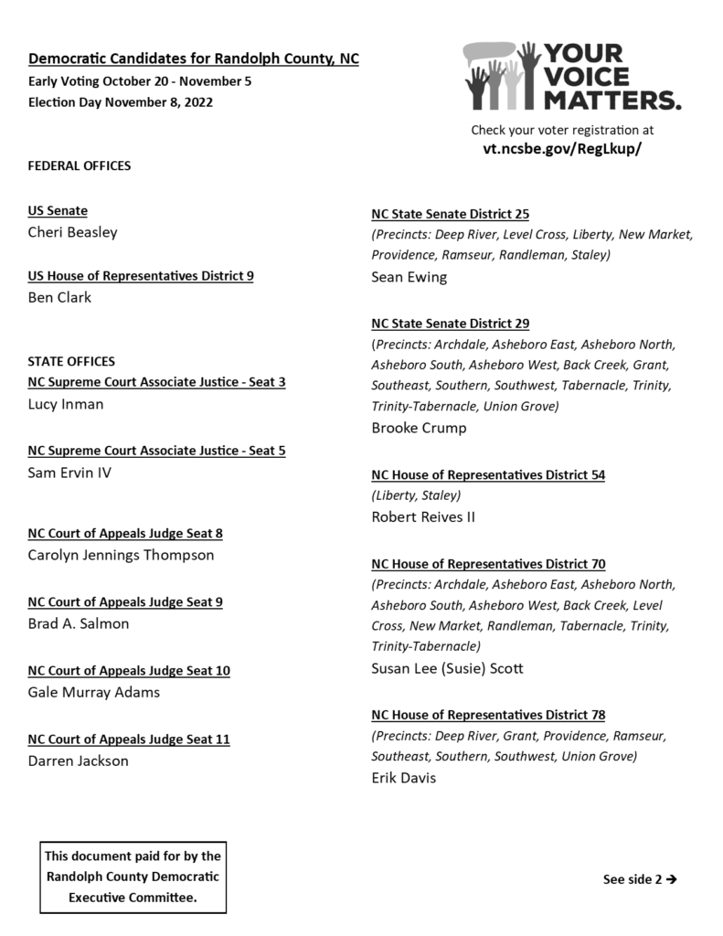 Democratic Candidate Sheet - Randolph County Democratic Party